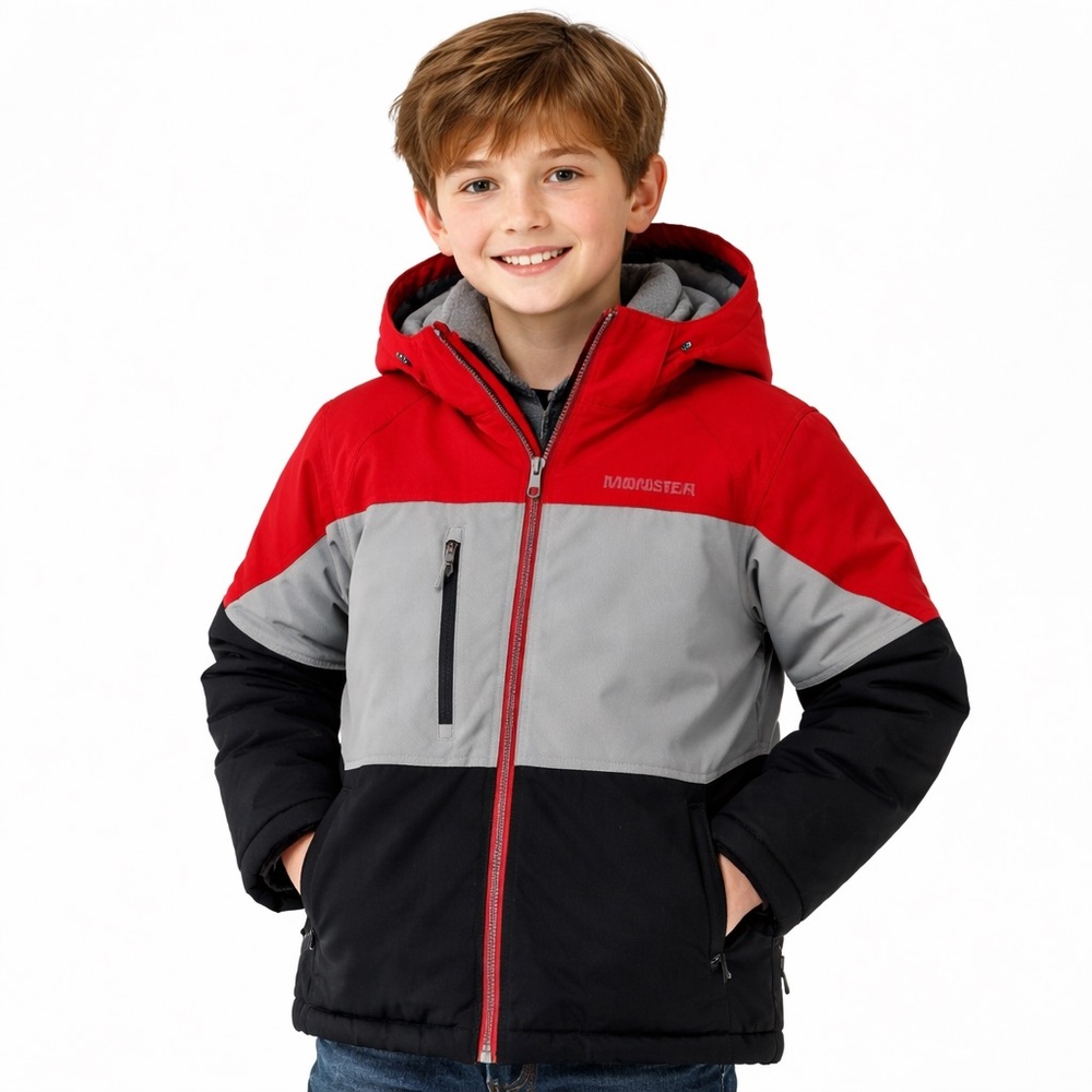 Monster Kids Winter Jacket Size 12 Red Gray Black 3M Thinsulate Hooded Coat